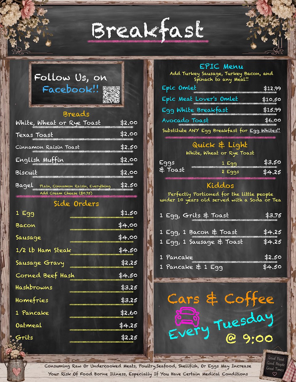 Simple menu page with breakfast, brunch, and dessert.