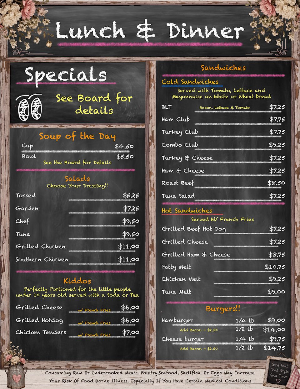 Family restaurant menu with home-cooked meal choices.