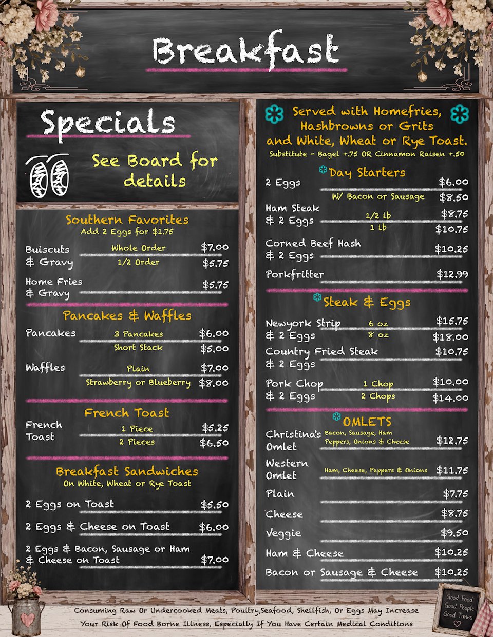 Breakfast menu with coffee, biscuits, and gravy.